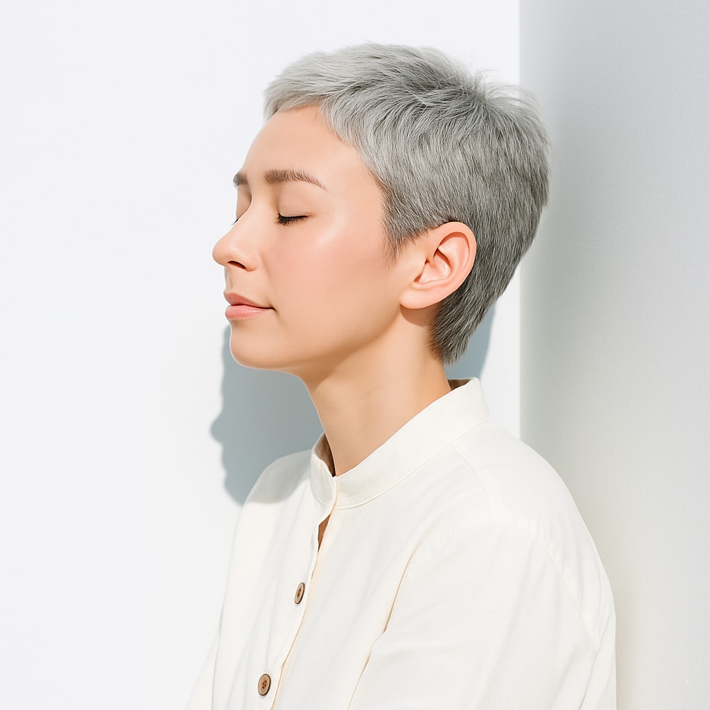 ①グレイヘア×タイトショート：白髪を活かして洗練された印象に