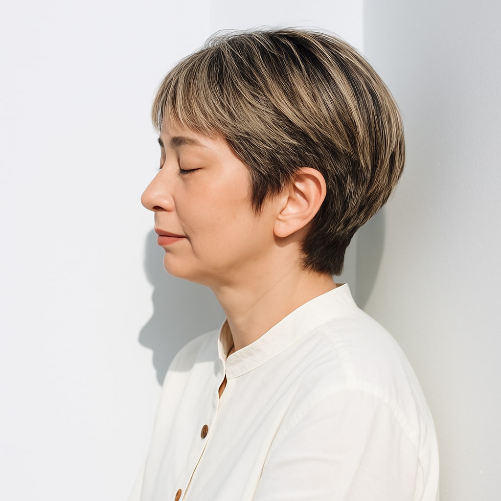 ②白髪ぼかしハイライト×丸みショート：やわらかく若く見えるスタイル