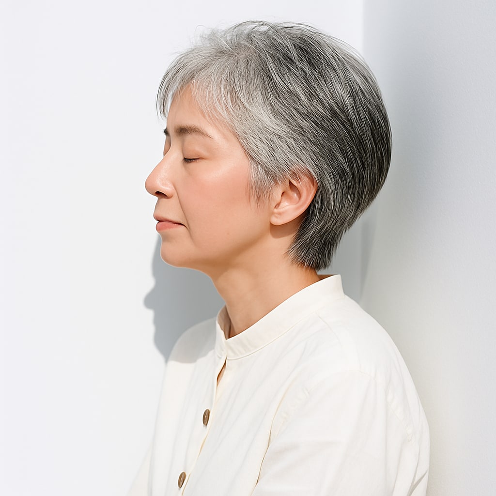 ③ナチュラルグレイ×ショート：無理に隠さず上品に見せる