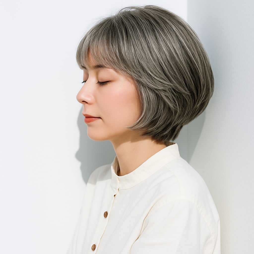①グレイヘア×前下がりショートボブ：白髪を活かして知的で上品に見せる