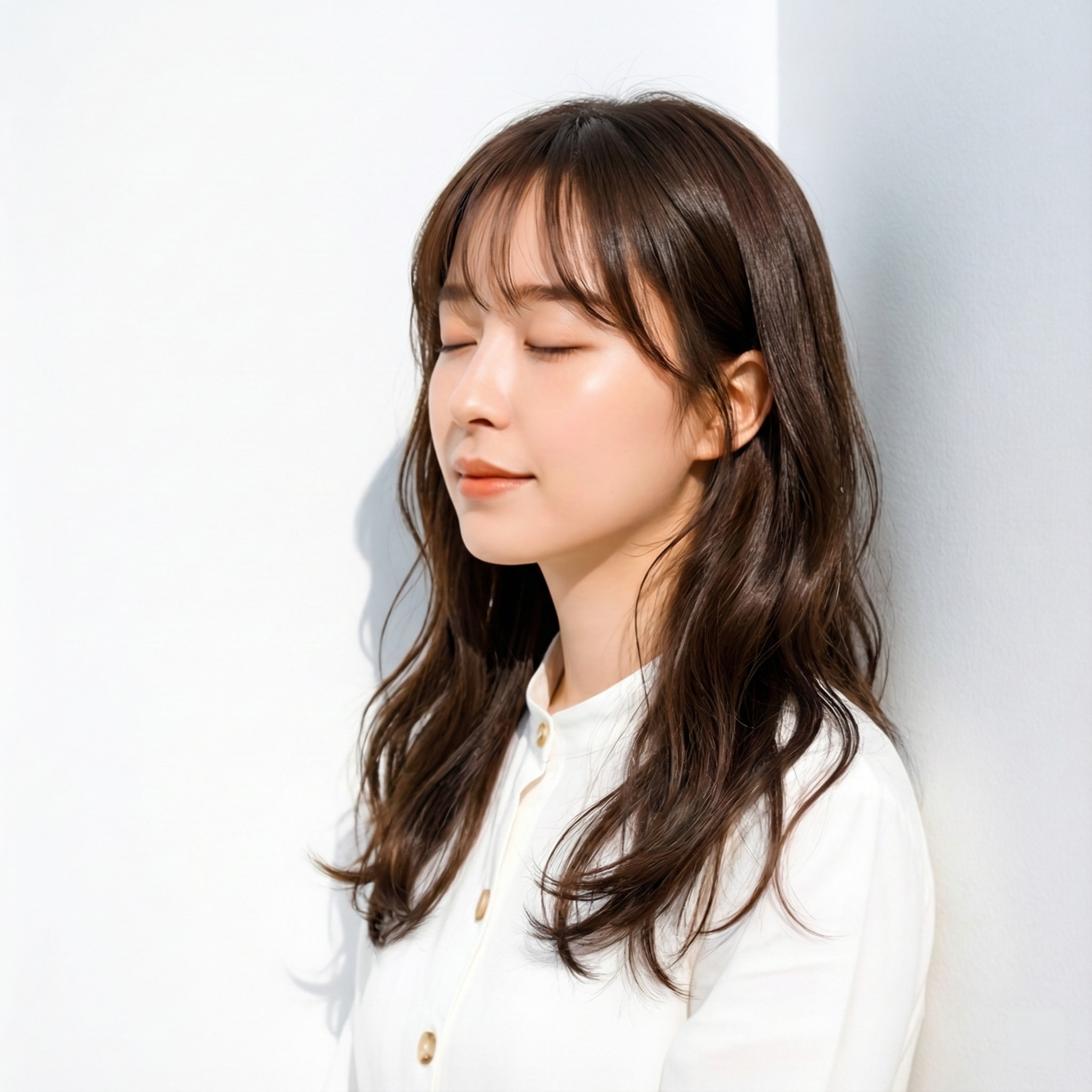 やや厚みのあるミディアム×シースルーバング：薄すぎない前髪で安心感のある仕上がり