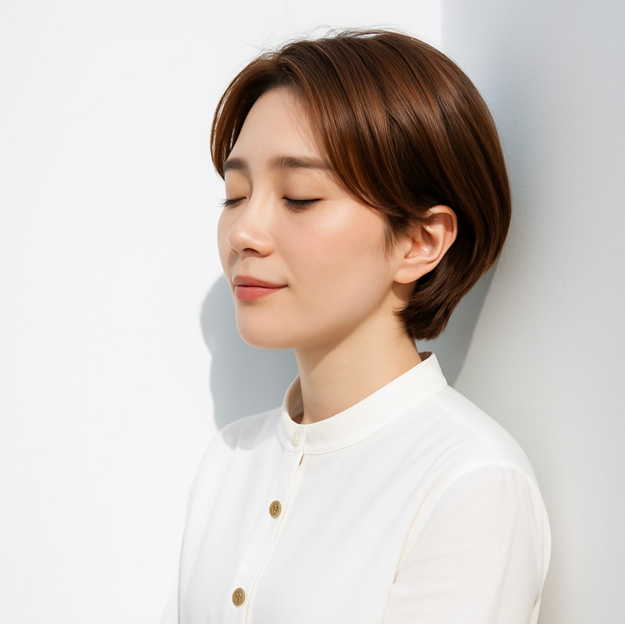 2. 前髪なしショート×ナチュラルブラウン：優しさと軽さを両立する柔らかショート