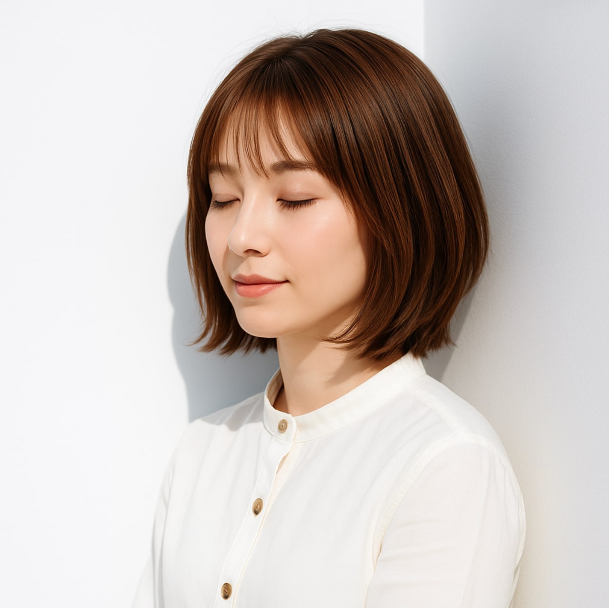 1. 前髪ありミディアム×軽やかレイヤー：動きで可愛さを引き立てる柔らかミディ