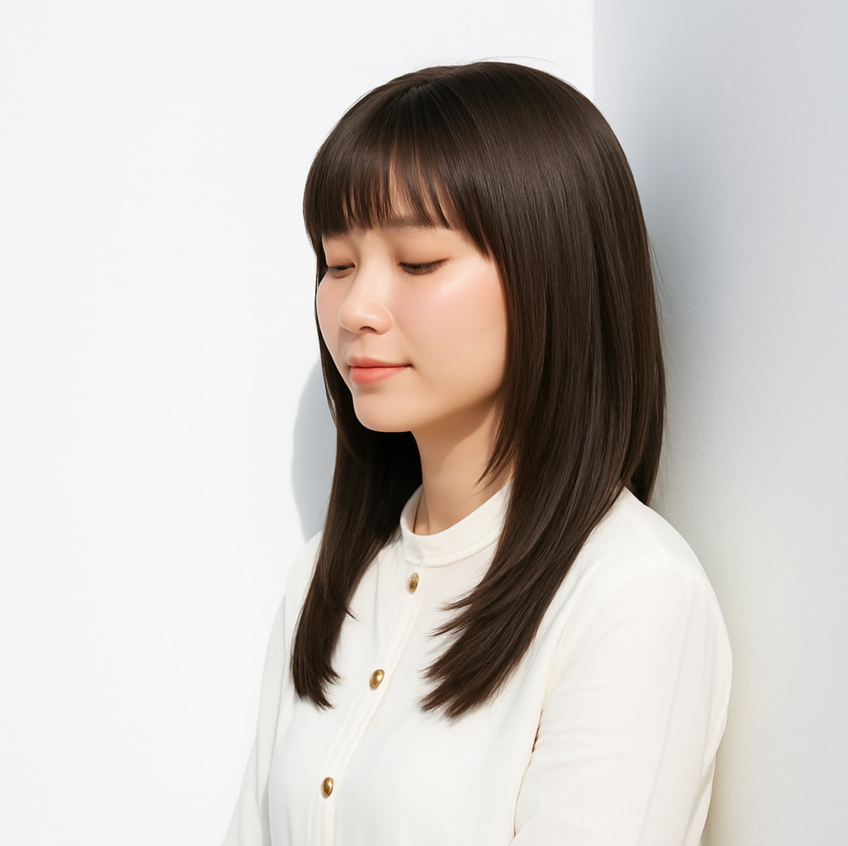 3. 前髪ありミディアム×ストレートタッチ：清潔感を引き立てるシンプルミディ