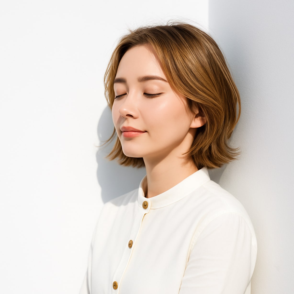 1. 前髪なしミディアム×柔らかベージュ：軽やかさを引き出すナチュラルスタイル