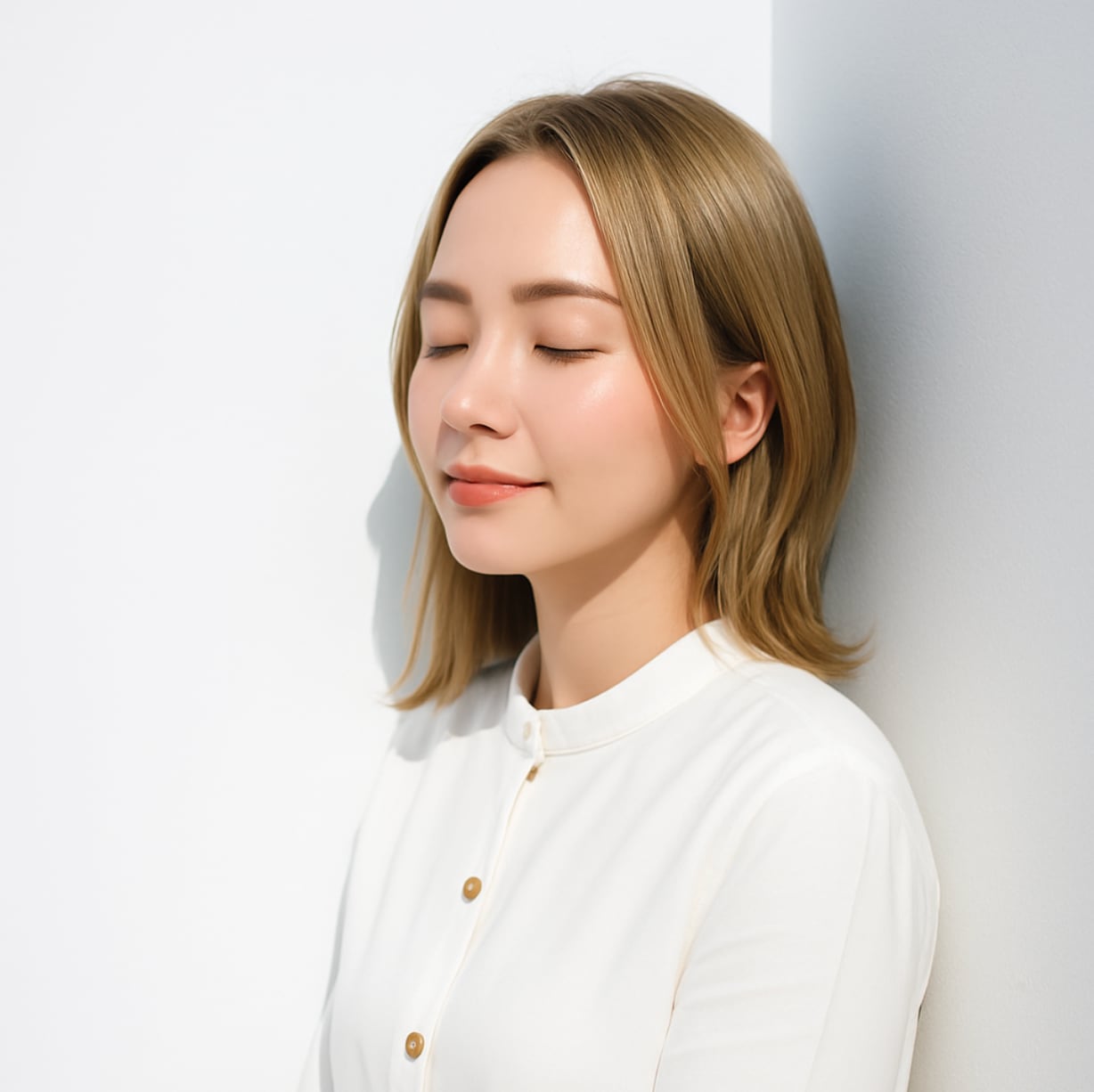 2. 前髪なしミディアム×ハイトーンベージュ：透明感を引き立てる軽やかストレート