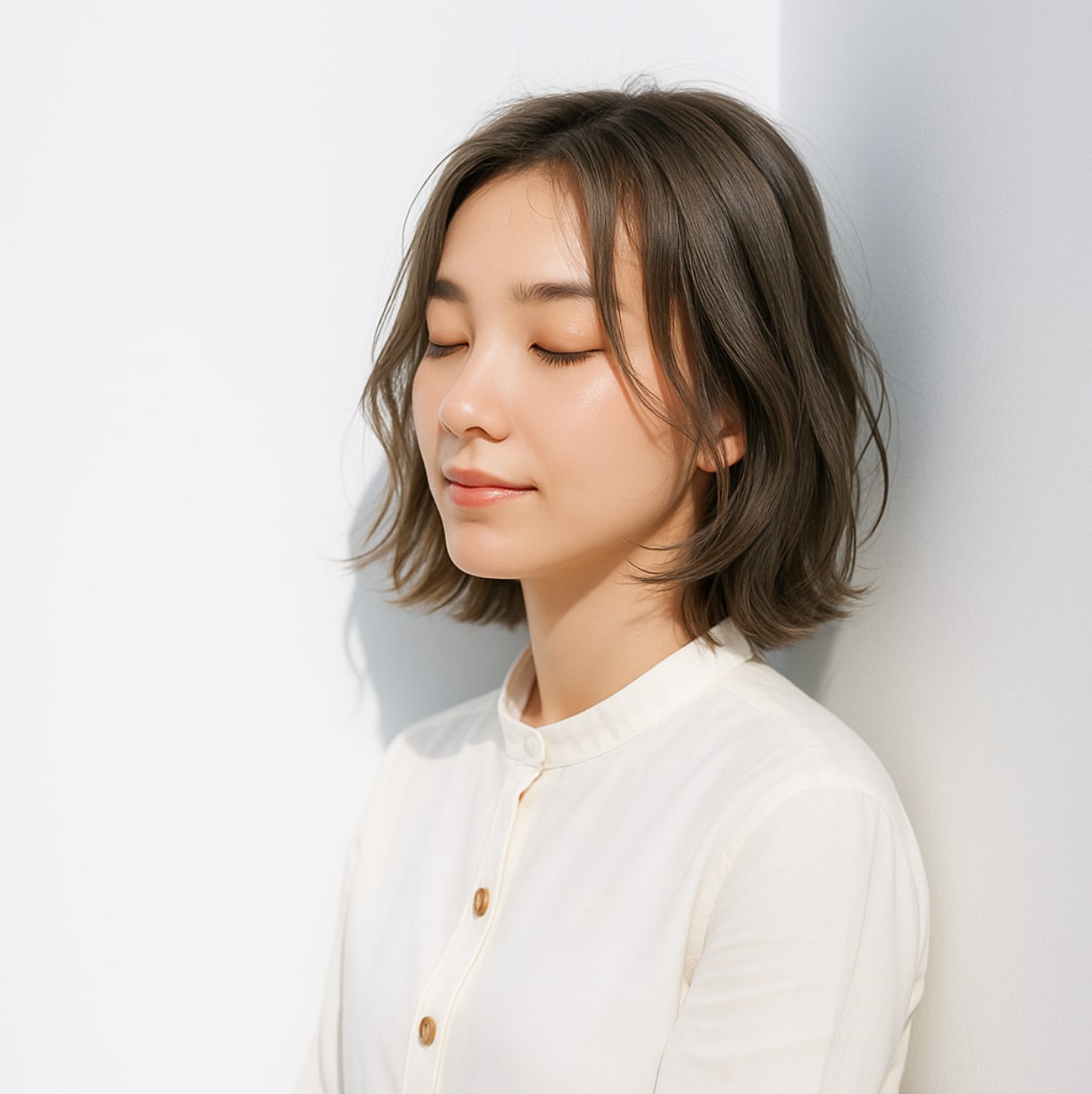 前髪なしボブ×ゆるウェーブ：自然体の軽さを引き出す柔らかボブ