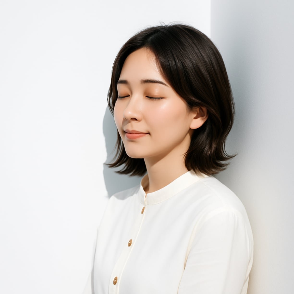 前髪なしミディアム×ナチュラル外ハネ：軽さと清潔感を引き立てるシンプルスタイル