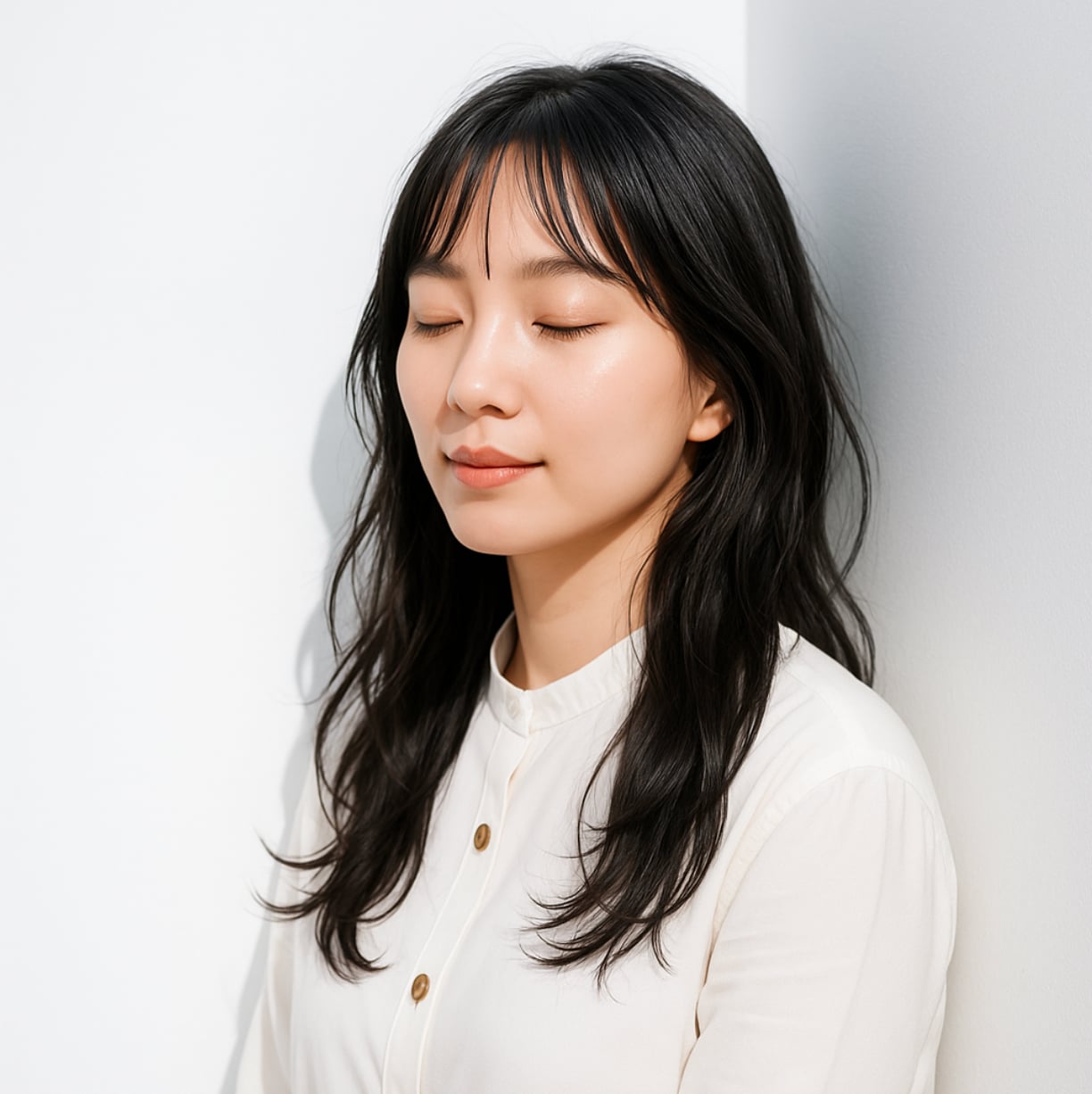 前髪ありロング×柔らかウェーブ：爽やかさを引き立てるナチュラルロング