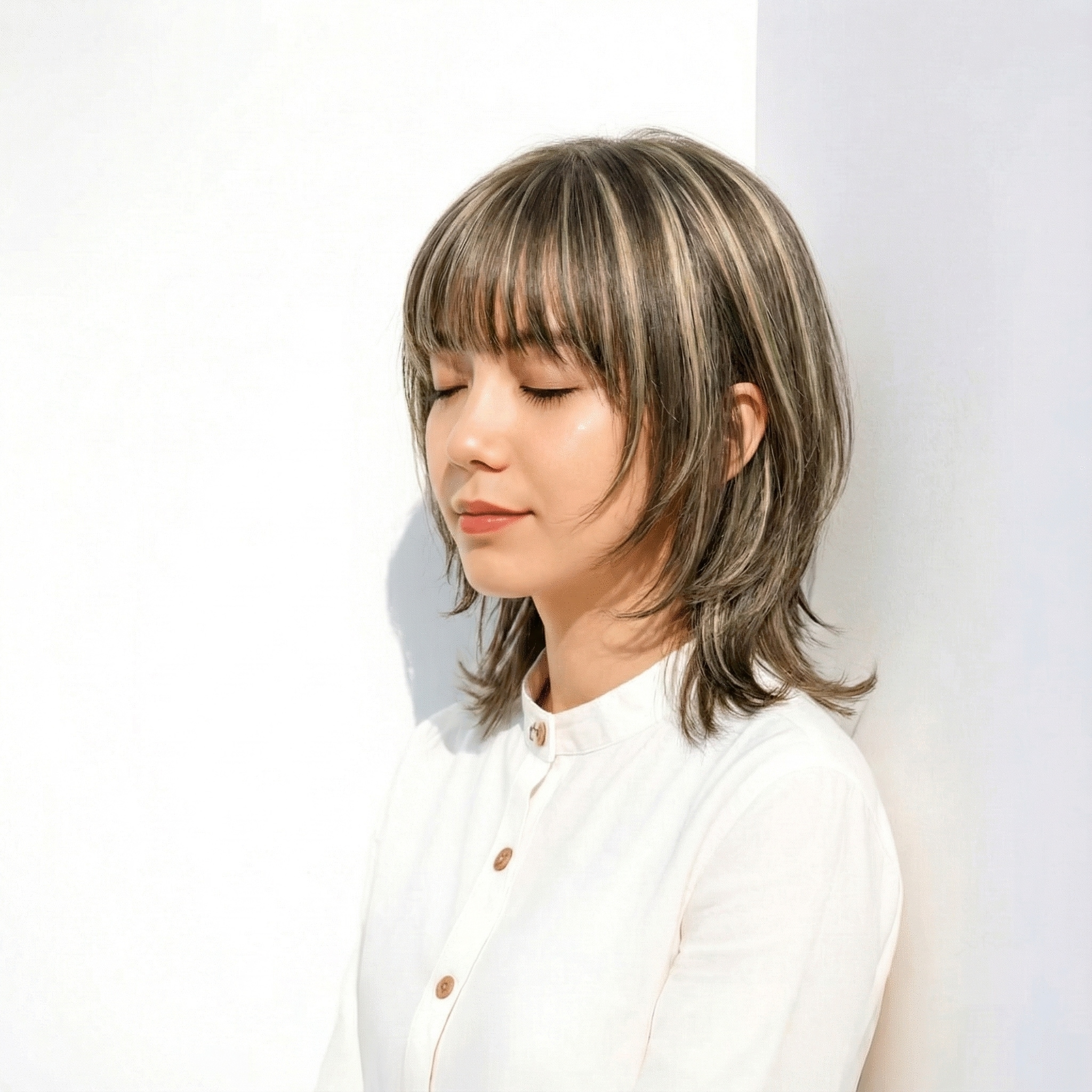 1. アンブレラカラー×グレージュ：トップに明るさを集めた立体ショート