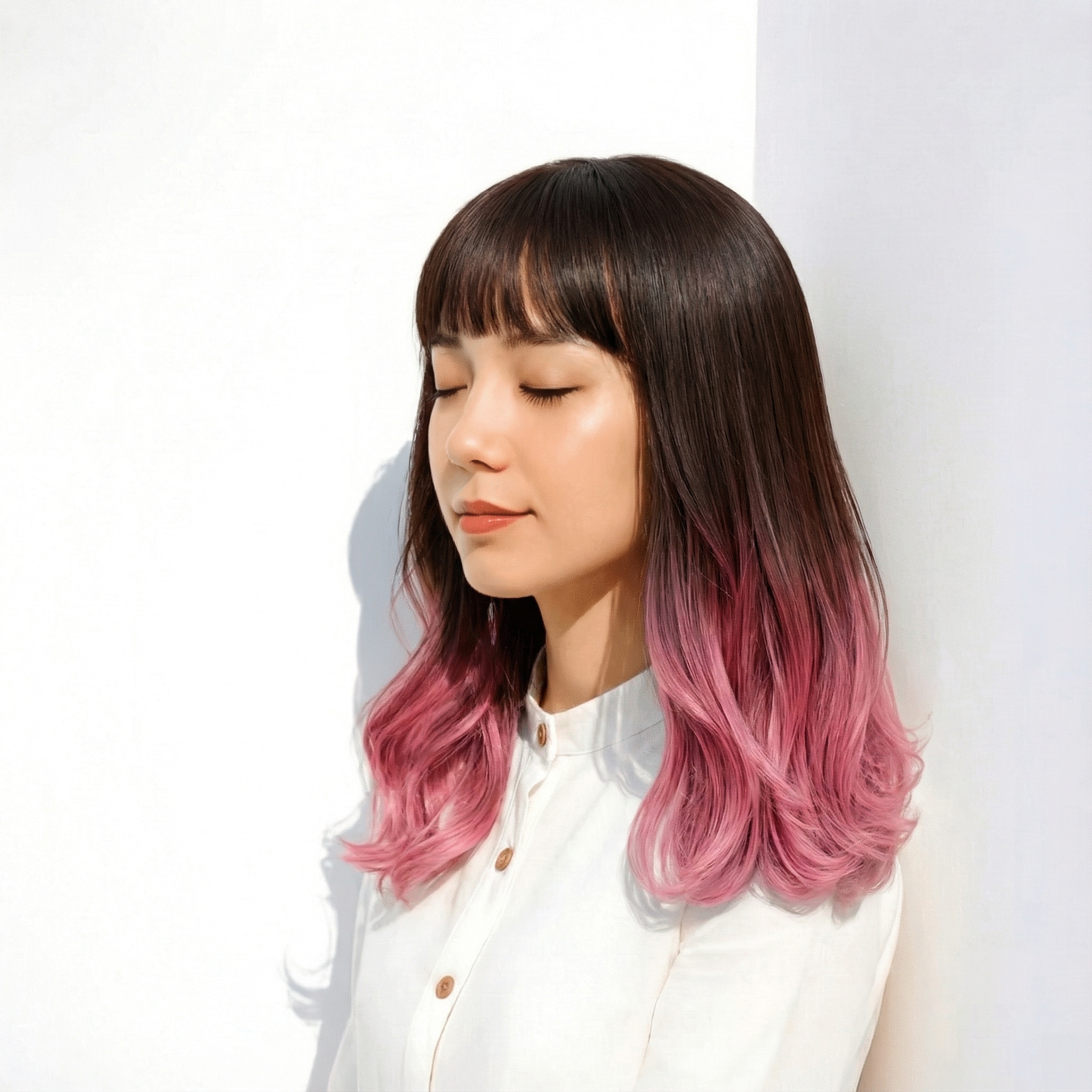 2. グラデーションカラー×ピンクトーンミディ：甘さを抑えた血色アクセント