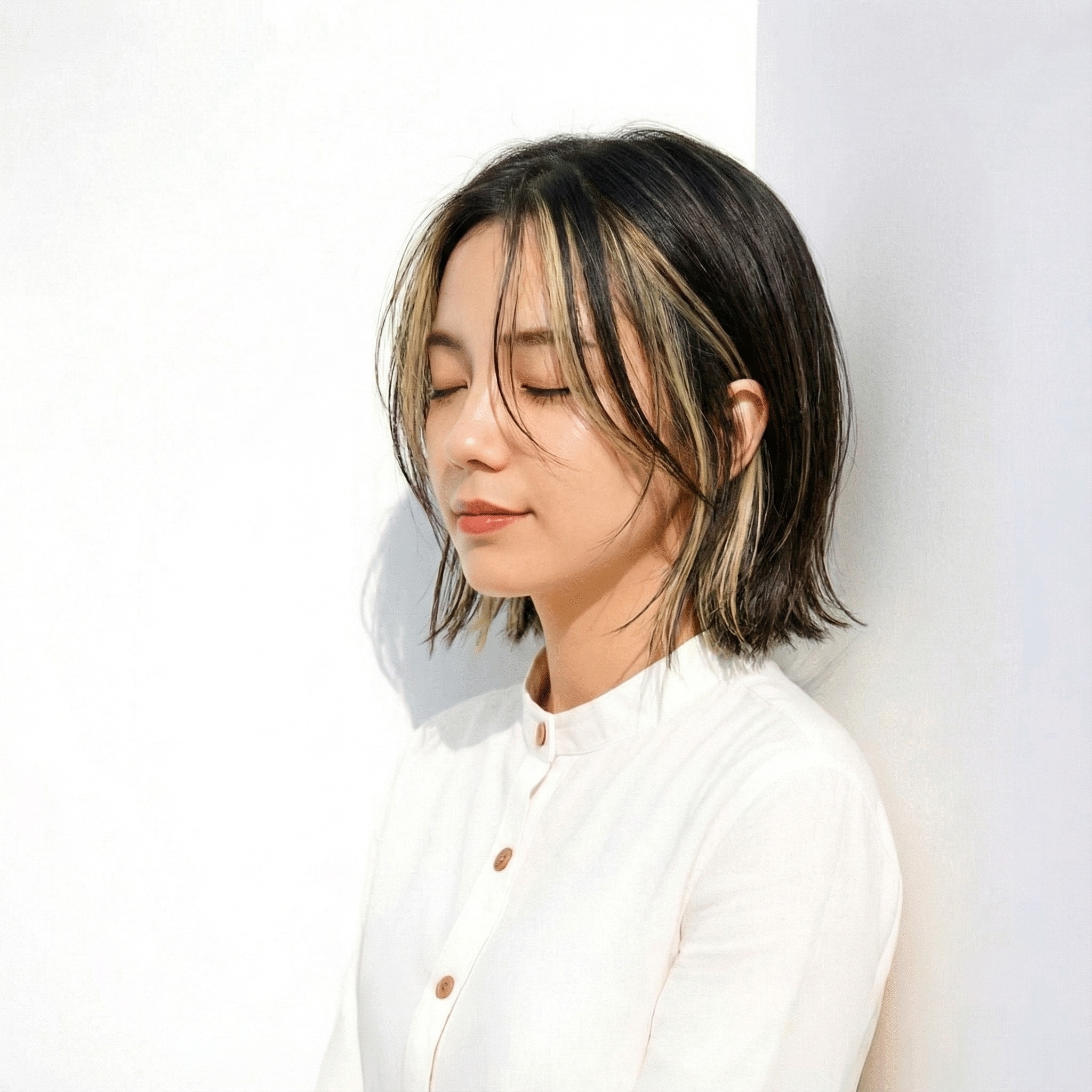 2. フェイスフレーミングカラー×ハイトーン：コントラストで顔印象を引き締める