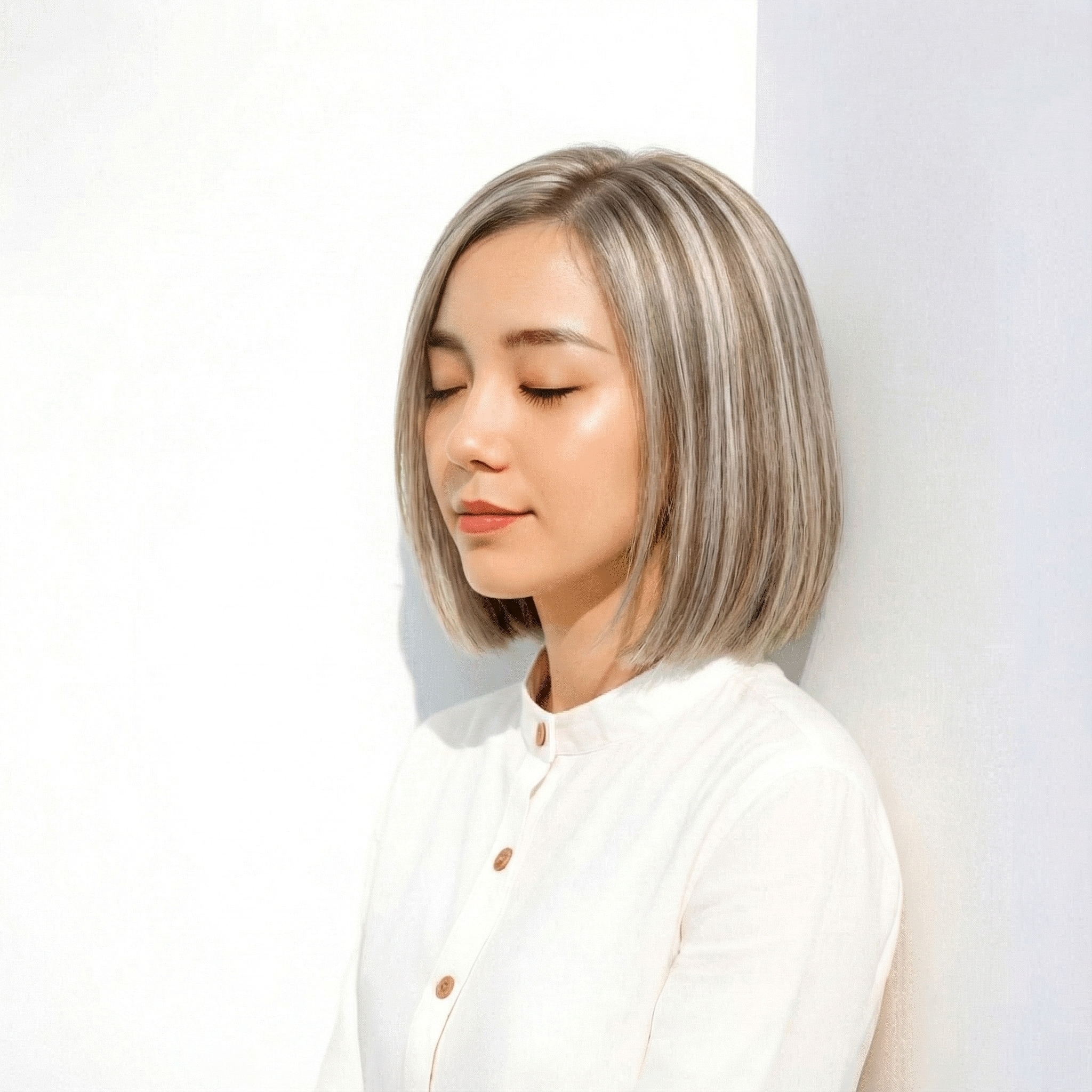 3. ローライト×シルバーグレーボブ：直線ラインが映えるコントラスト配色