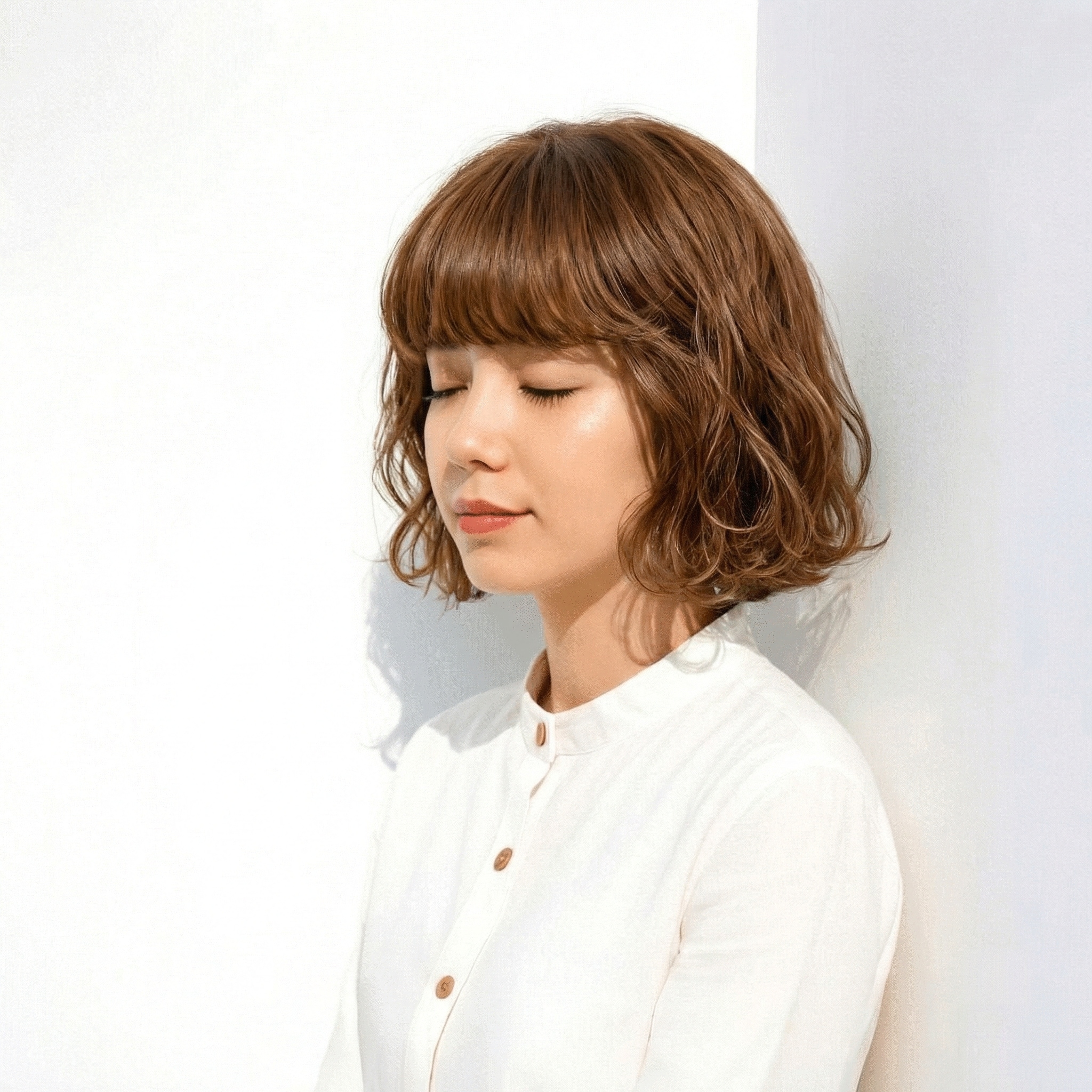 ②やわらかブラウンボブ：親しみやすさをプラス