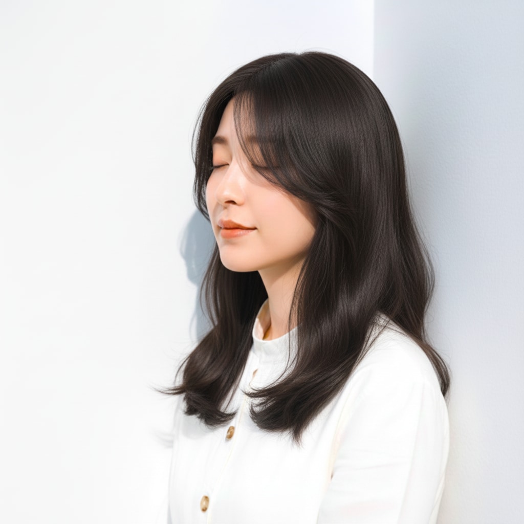 1. シアーなグレージュ×柔らかウェーブ：暗く見せないまろやかなくすみ感