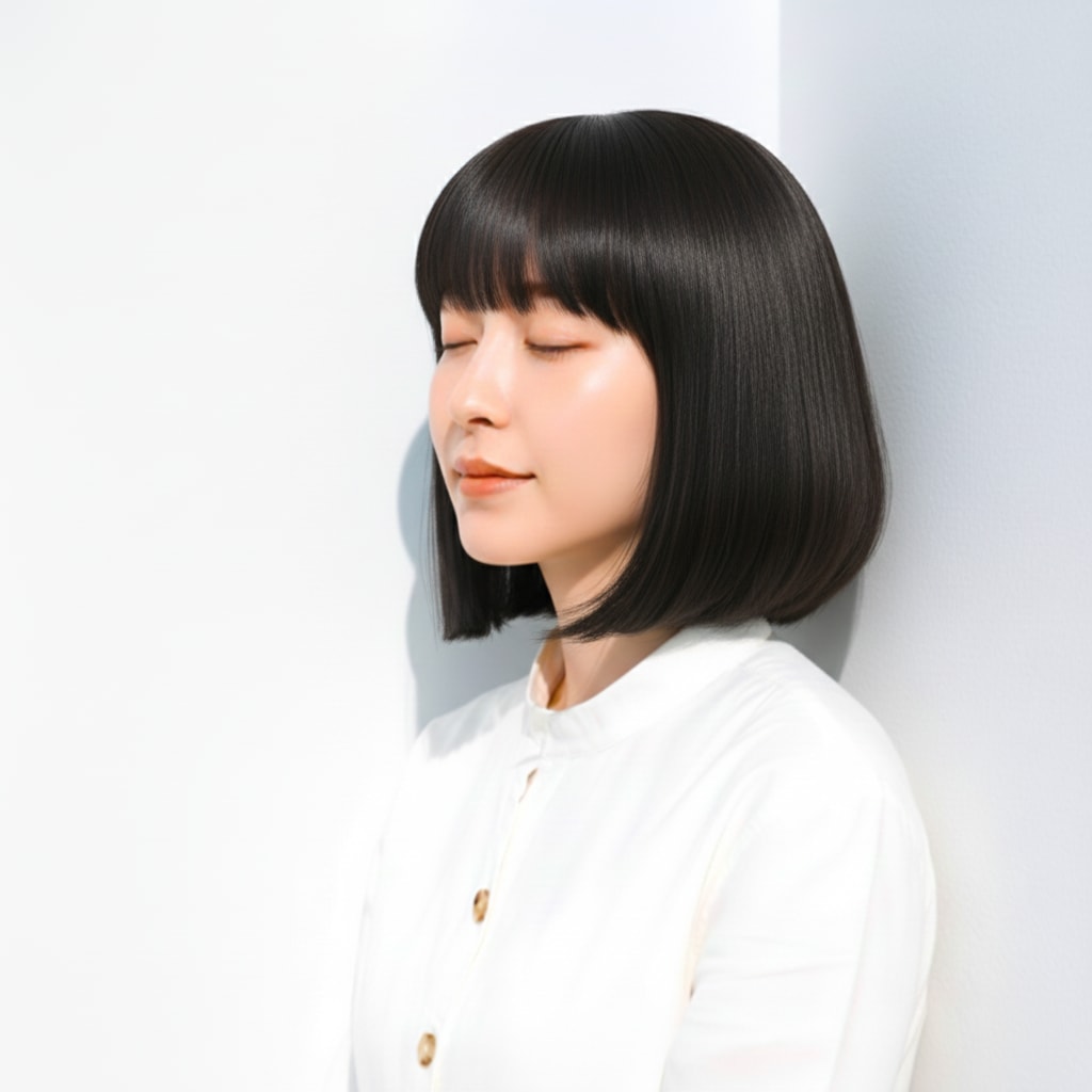 3. ブルーグレージュ×外巻きロング：赤みを抑えて清涼感をプラス