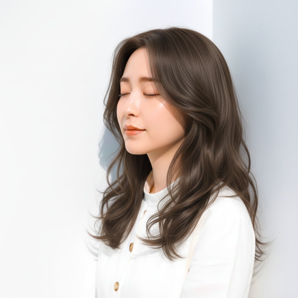 2. スモーキーオリーブグレージュ×ゆるウェーブ：陰影のニュアンスが映える