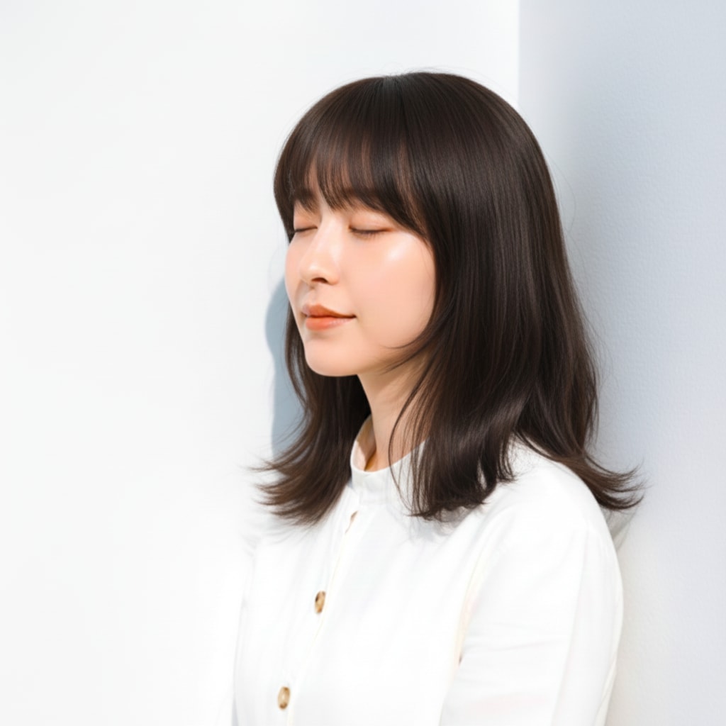 2. モカオリーブベージュ×外ハネミディ：やわらかい質感が引き立つ