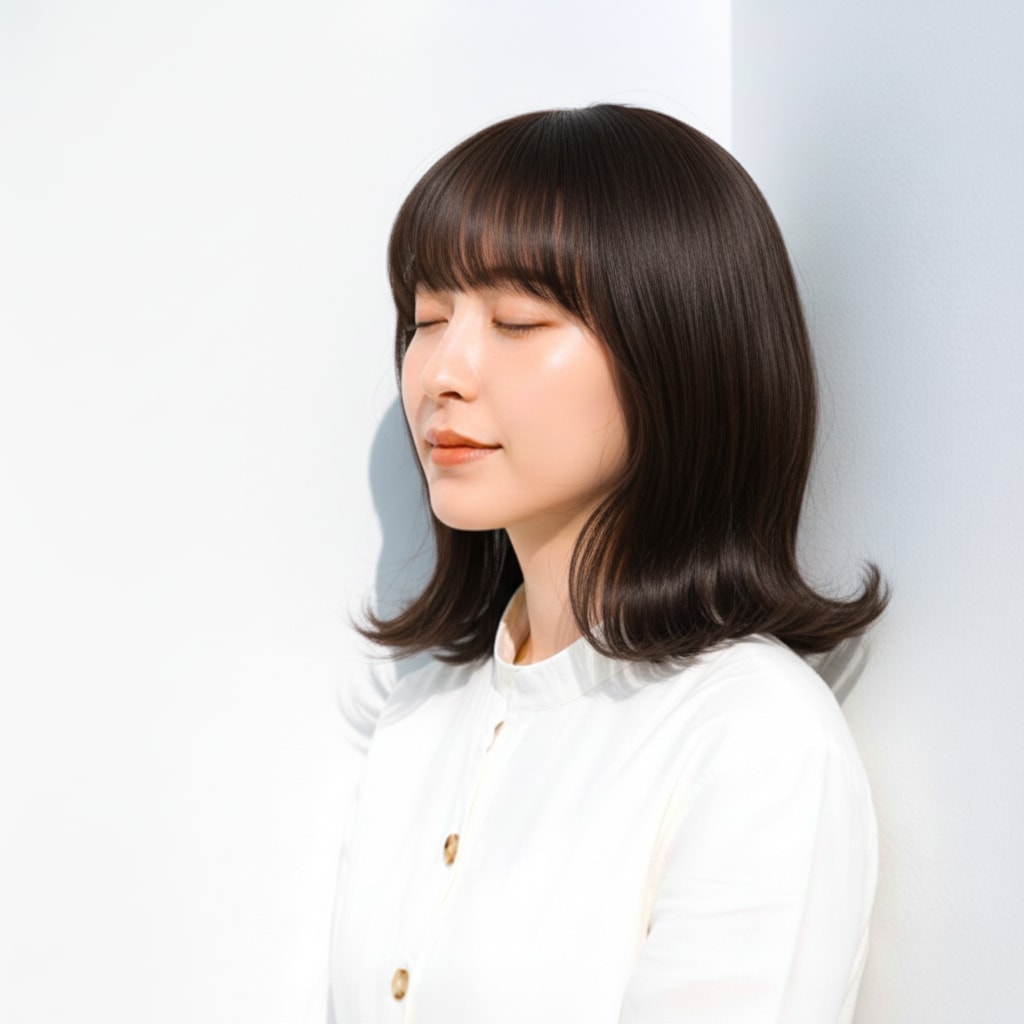 3. スモーキーオリーブベージュ×ゆるウェーブ：くすみの陰影が上品に映える