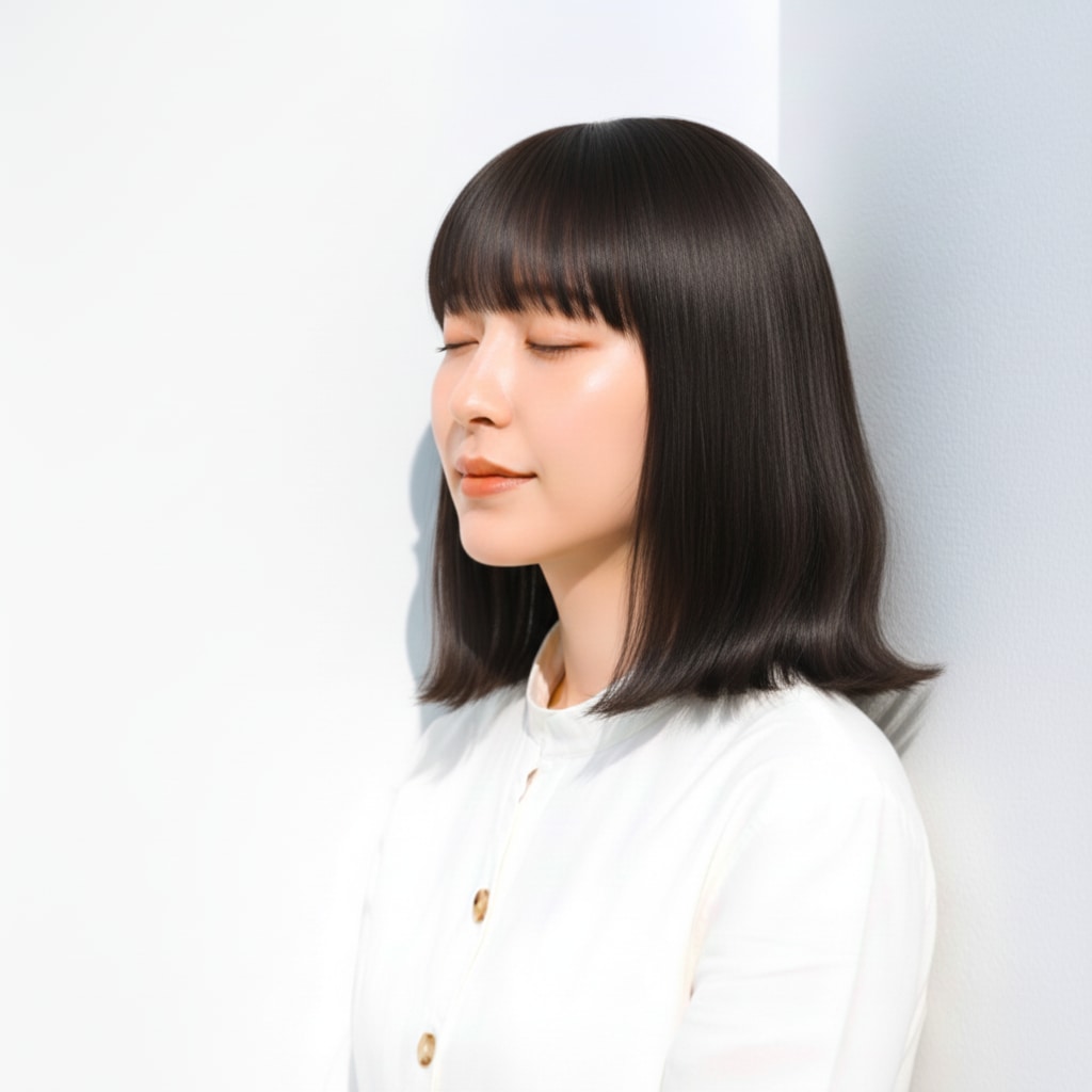 1. 暗めスモーキーアッシュ×さらり質感ストレート：透明感の中に落ち着きを宿すカラー