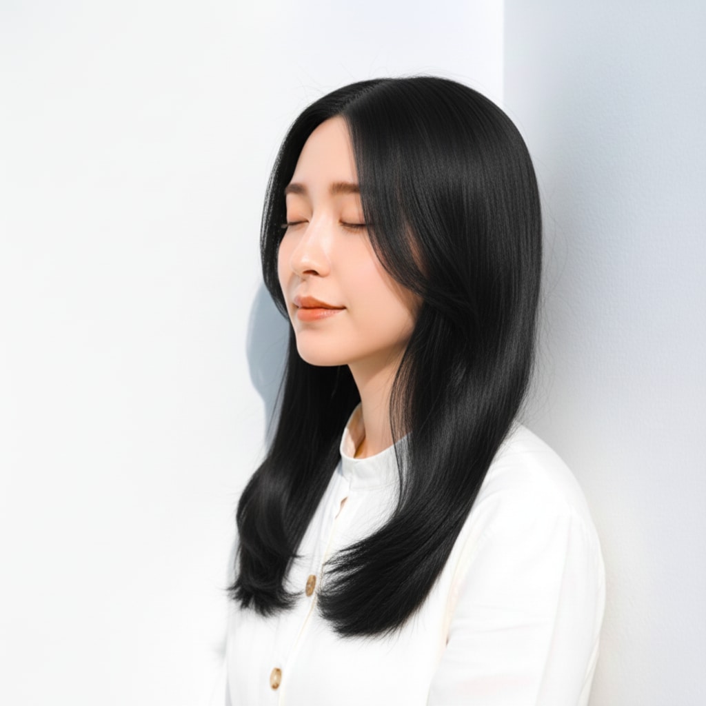 3. ネイビーブルー×ストレートロング：青みのツヤが映えるクールスタイル