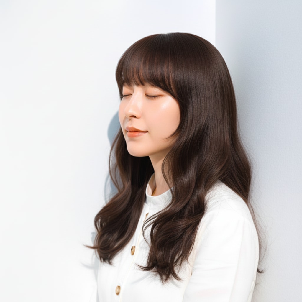 シルキーな質感が際立つダークブラウンは、赤みを抑えてクールに寄せた色みが特徴。ストレートロングに重ねると、光のラインが美しく伸び、ブリーチなしでも透け感を感じる上質な仕上がりになります。落ち着いたトーンながら表情に柔らかさを残せるため、きれいめな雰囲気を求める人にぴったり。毛先までまとまりよく見せたい日は、さらっとしたオイルを重ねるとより魅力が引き立ちます。