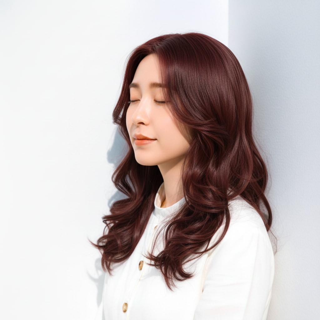 2. チェリーピンクブラウン×大人ウェーブ：深みとツヤを引き立てる品カラー