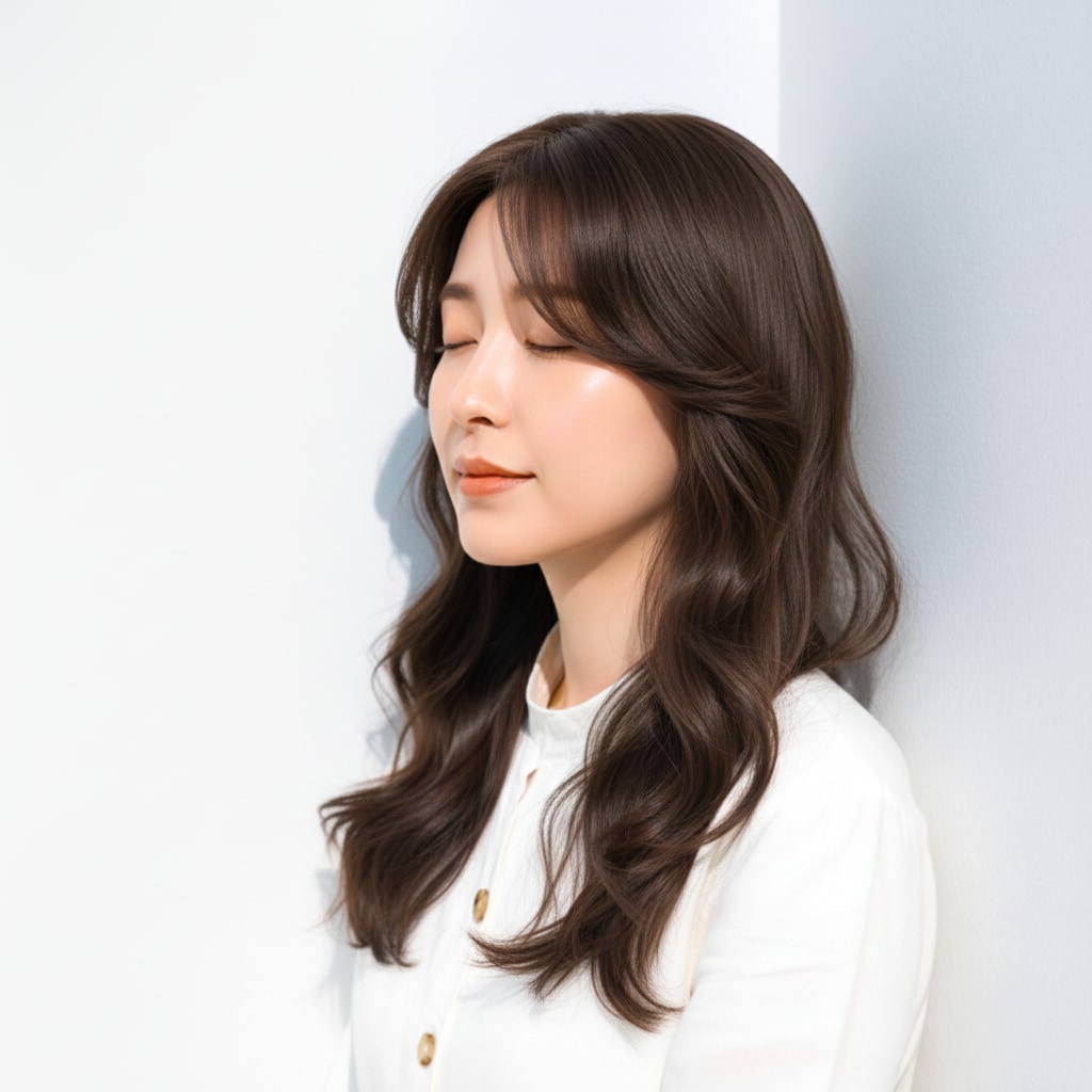 3. モーブピンクブラウン×フェザーロング：柔らかな陰影で上品見え