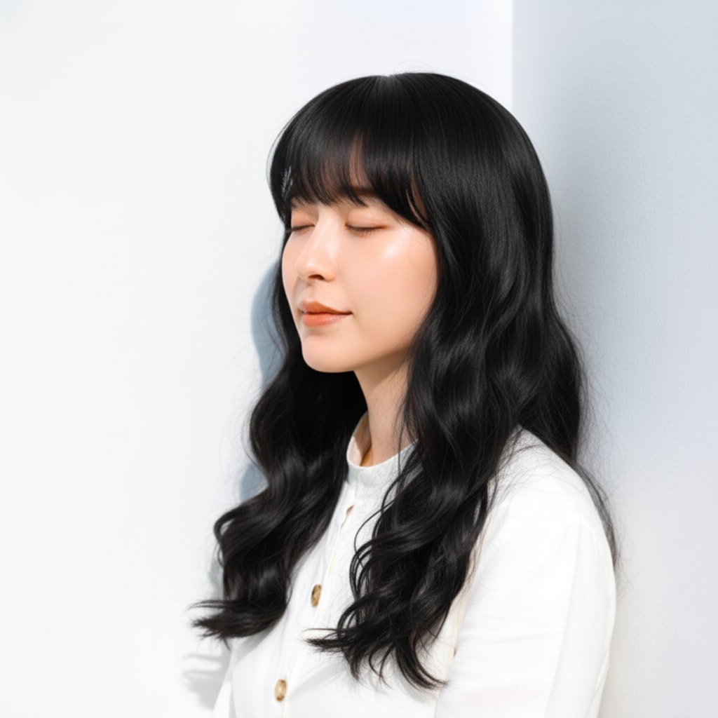 1. ブルーブラック×柔らかウェーブ：深みの中に透け感を宿すカラー