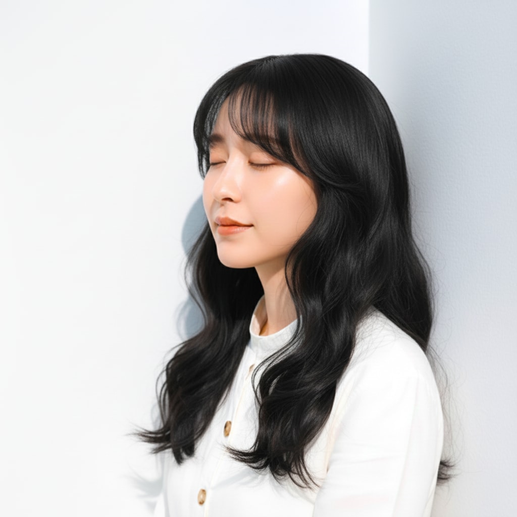 2. ダークブルーブラック×レイヤーウェーブ：艶と奥行きが引き立つ洗練暗髪