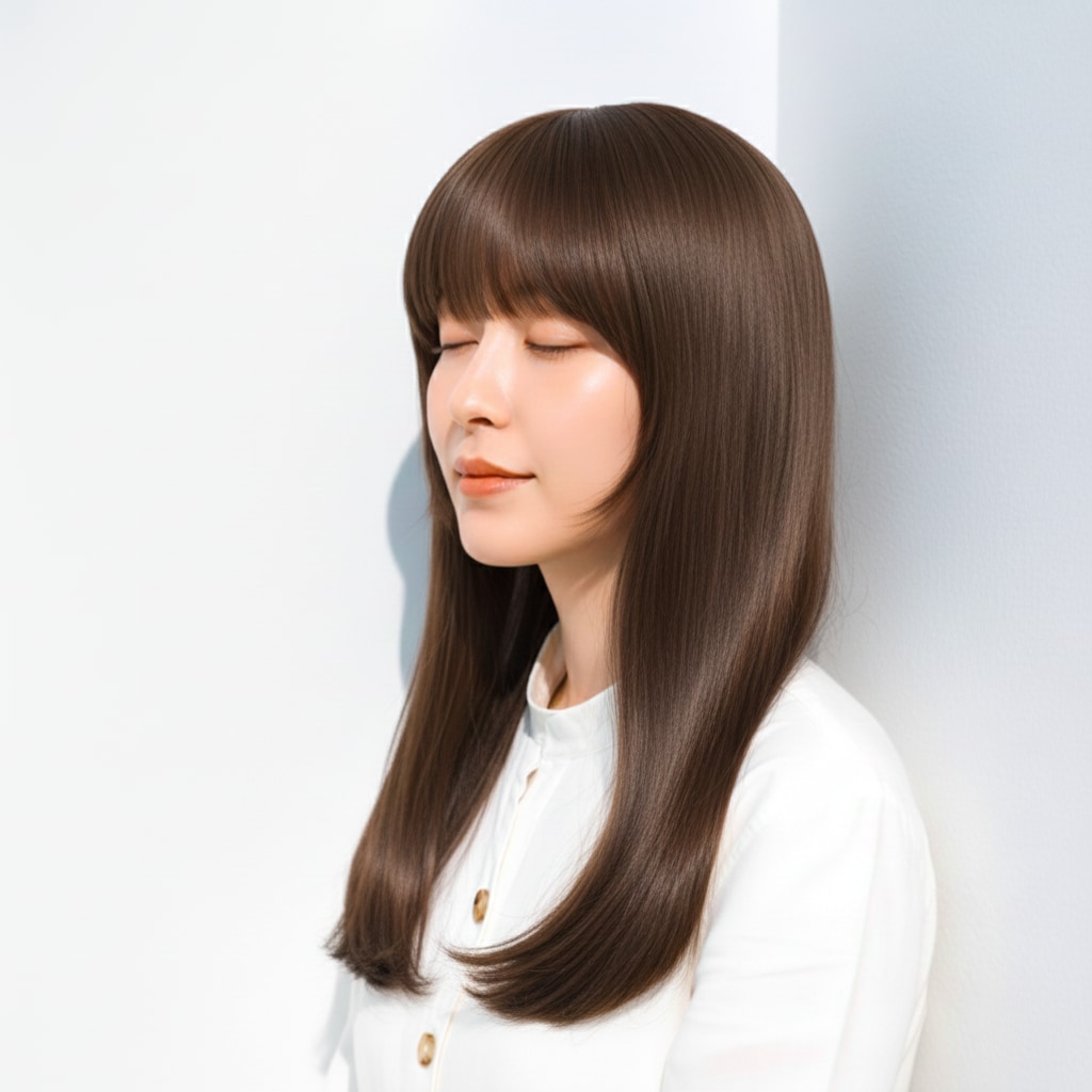 2. 濃ミルクティーベージュ×ストレートロング：ツヤ感を活かす落ち着いたベージュ