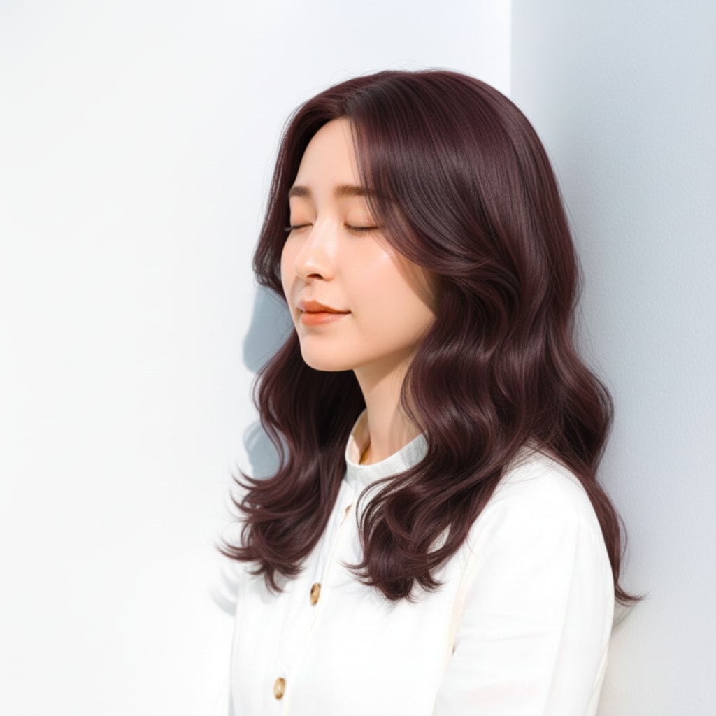 2. ラベンダーアッシュ×ゆるカール：深みと艶の落ち着きラベージュ風