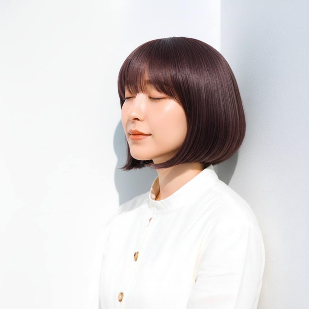 2. 深みラベンダーグレージュ×コンパクトボブ：ツヤをまとった大人カラー