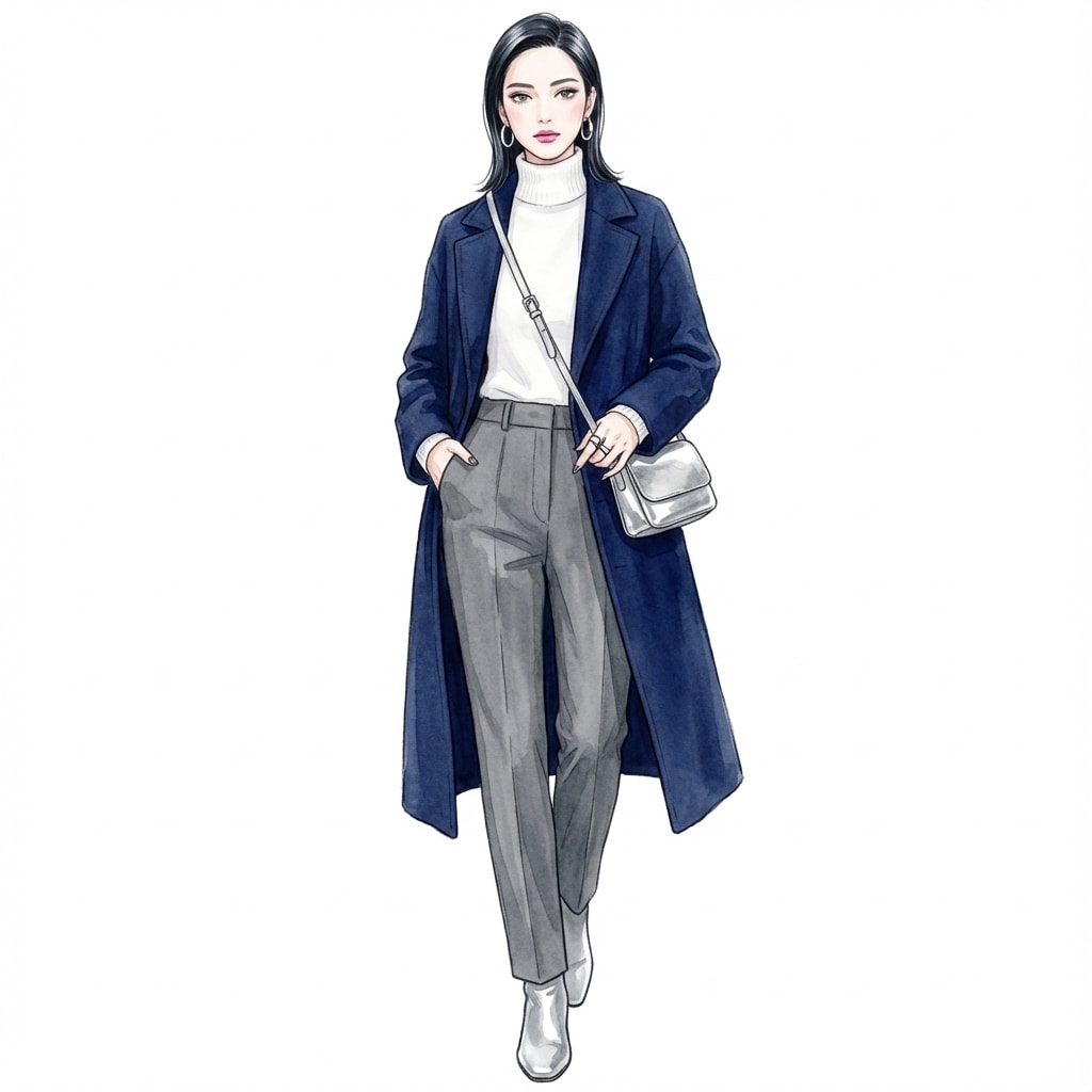 ②ネイビー×シルバー小物：クールで都会的な冬スタイル