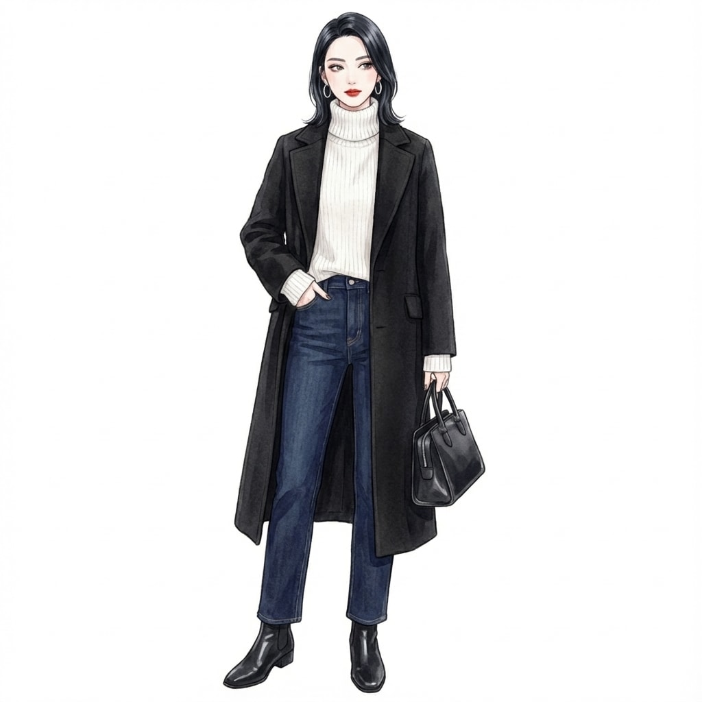 ①黒コート×白ニット：冬タイプの似合う色No.1コントラスト