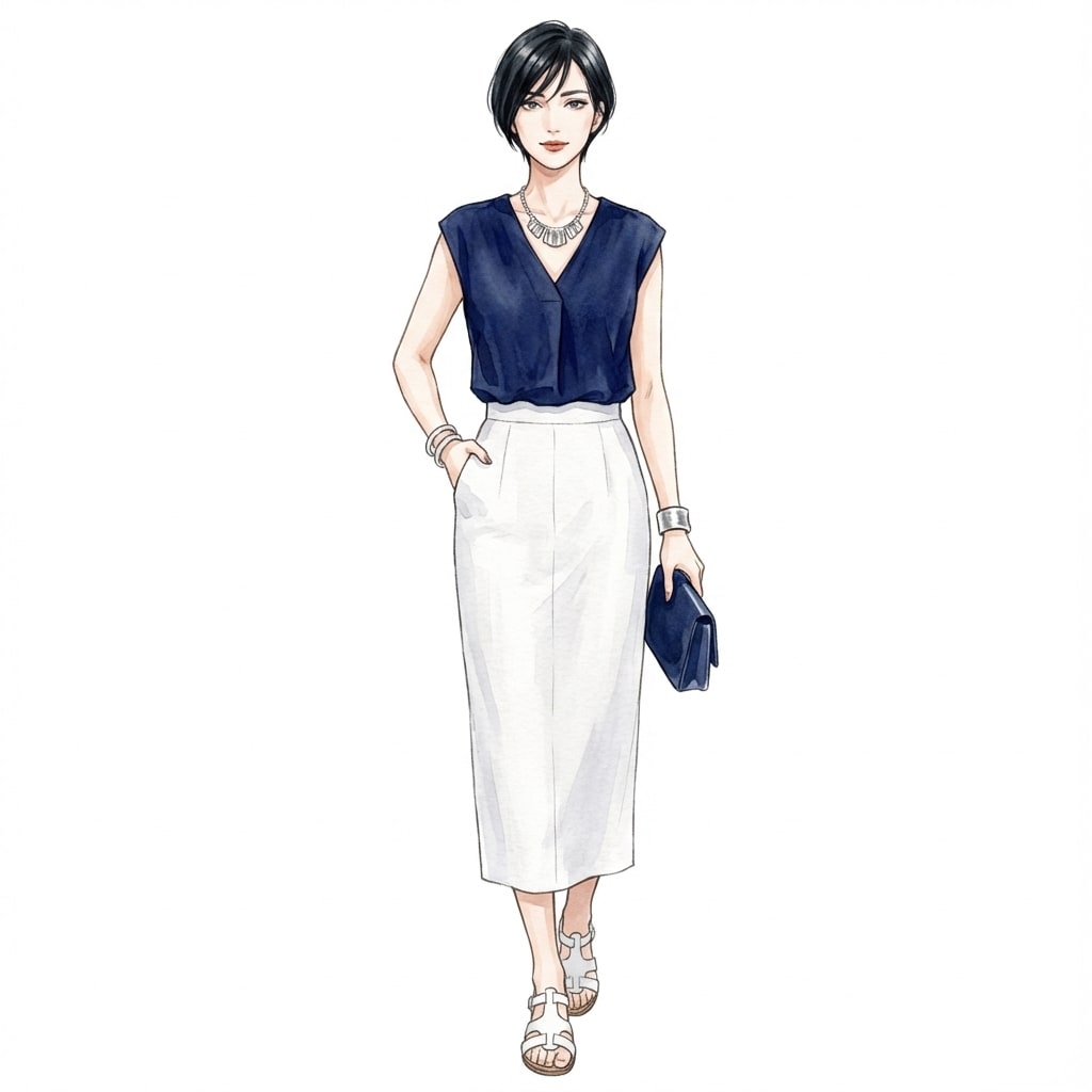 ②ネイビー×白：シンプルでも洗練された夏の定番