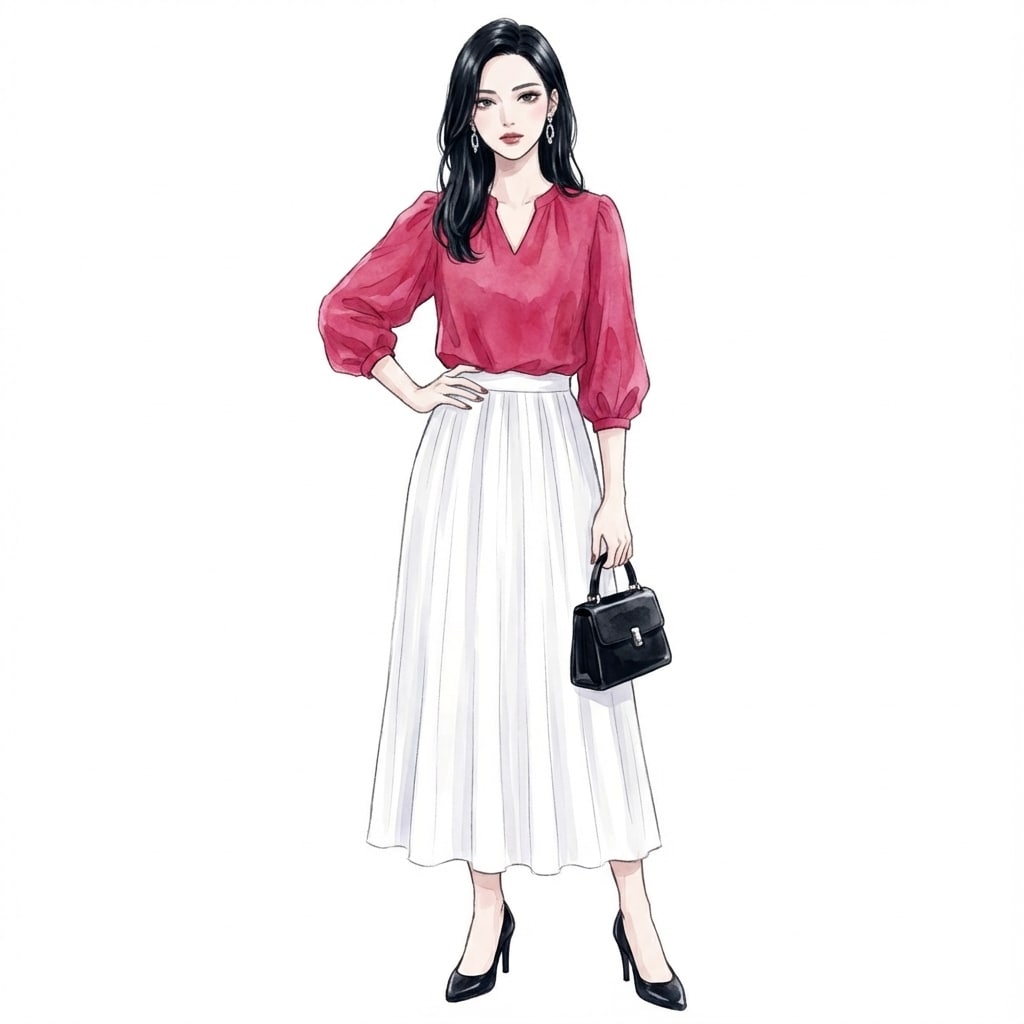 ①ラズベリーピンク×白スカート：春でもシャープに映える差し色