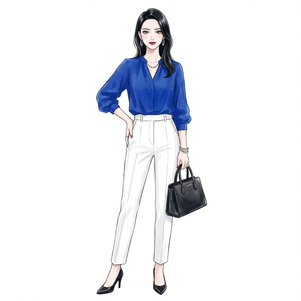 ③ロイヤルブルー×白パンツ：晴れの日に映える強×弱コントラスト