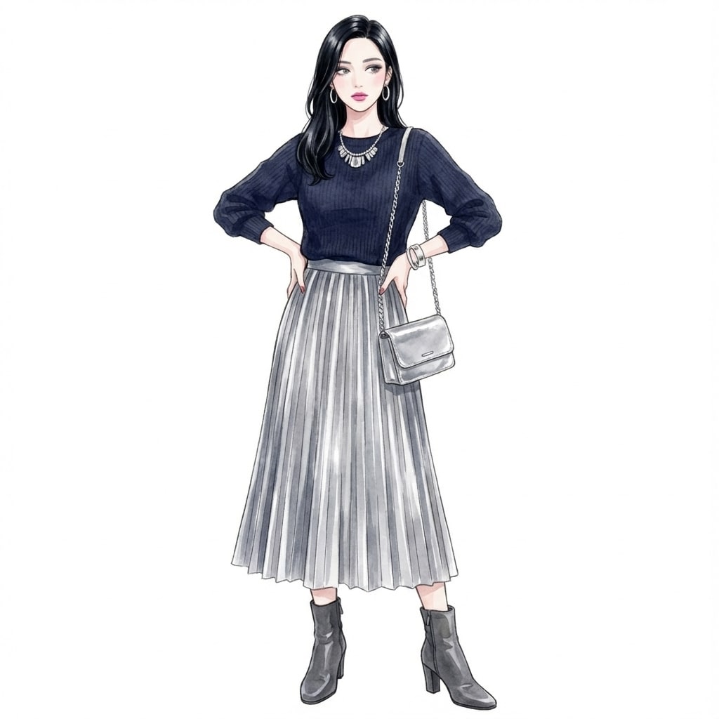 ⑤ダークネイビー×シルバー：引き締めつつ透明感UP