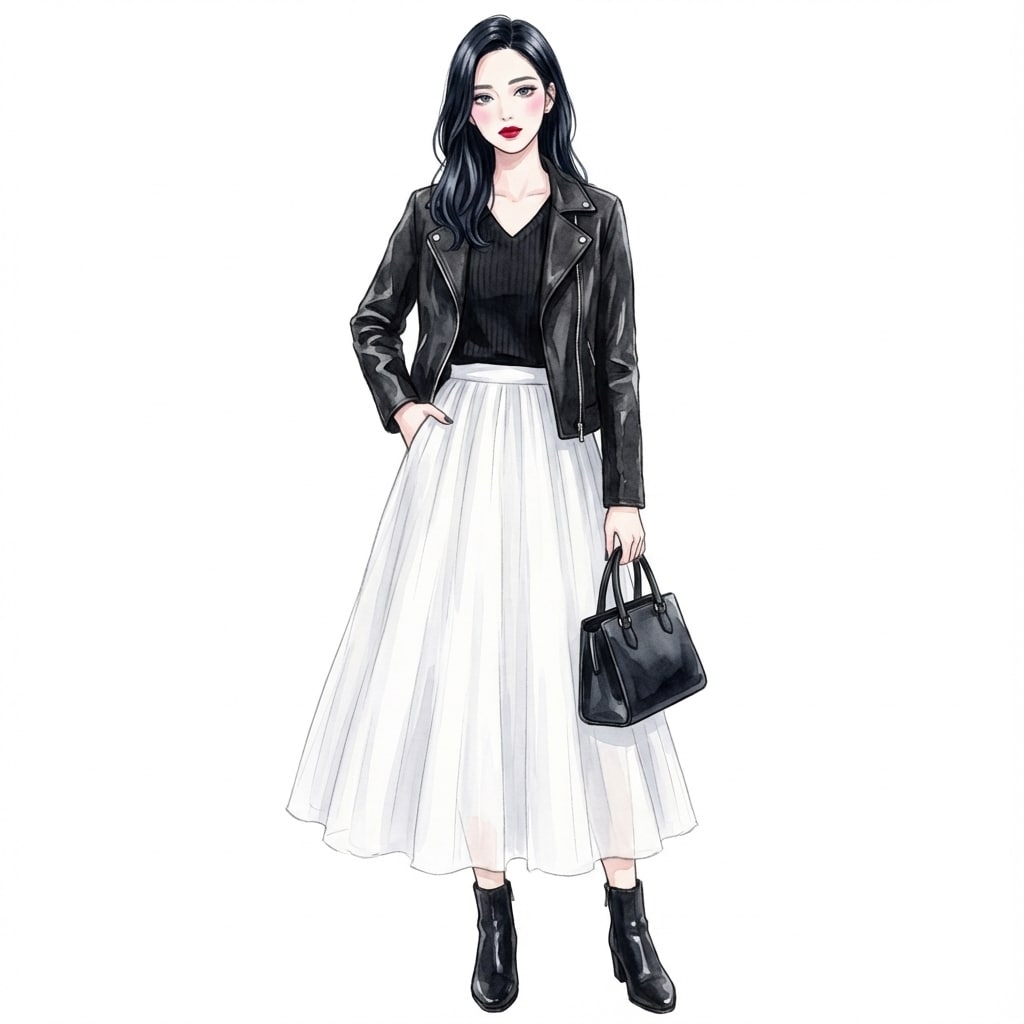 ④ブラック×白：秋でも重くならないモノトーン