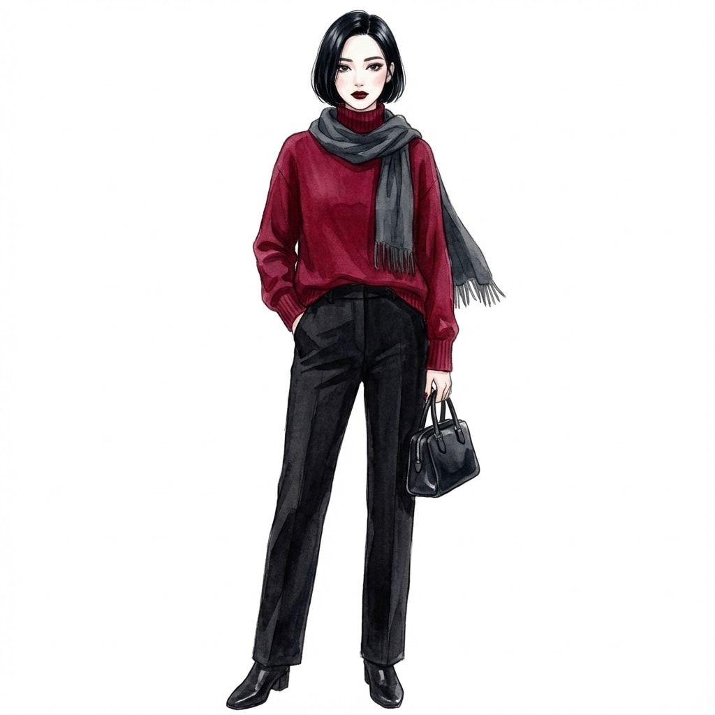 ①ボルドーニット×黒パンツ：深み色でもくすまない最強コンビ