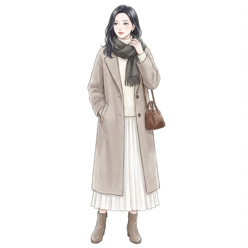 ④グレージュ×白：軽さを保つ冬の淡色コーデ