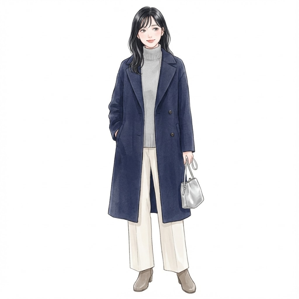 ①ネイビーコート×ライトグレー：冬の鉄板ブルベ夏バランス