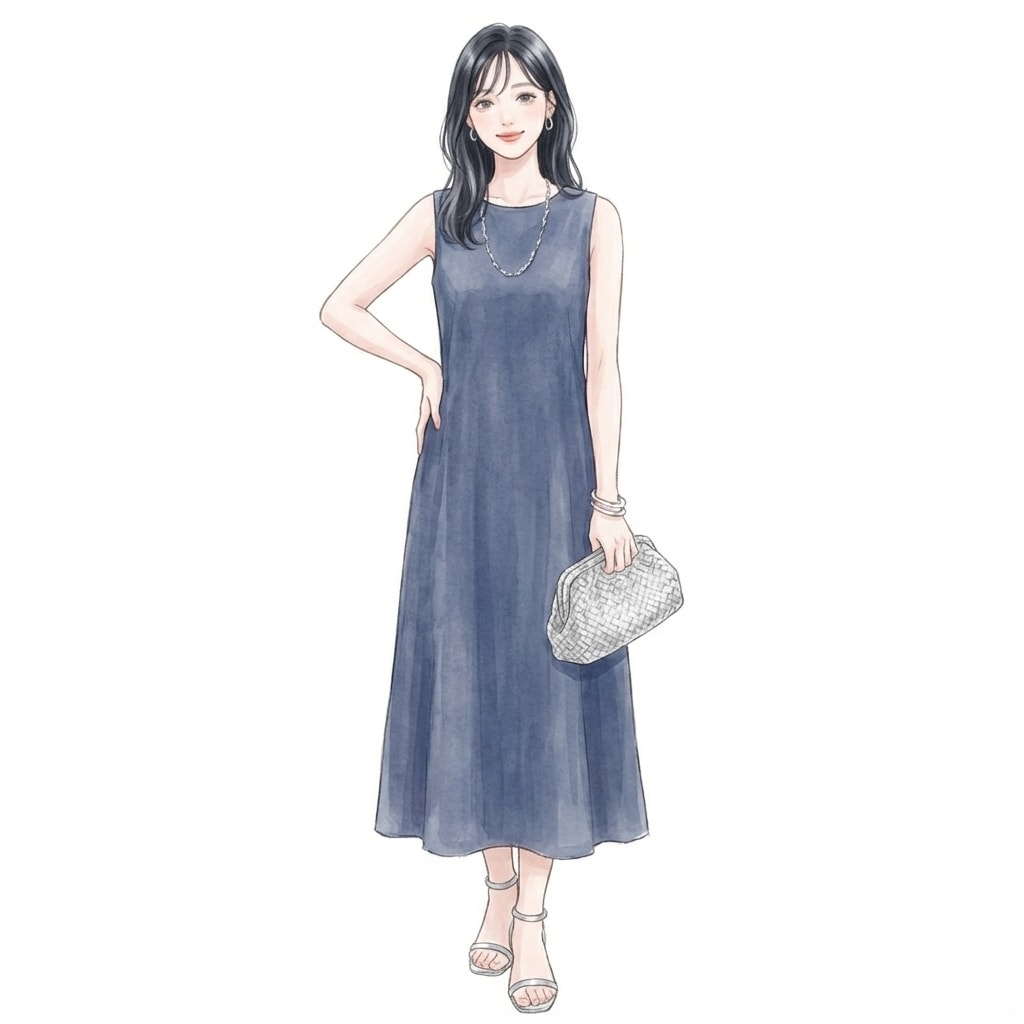 ② ライトネイビー×シルバー小物：夏のクリーンな大人配色