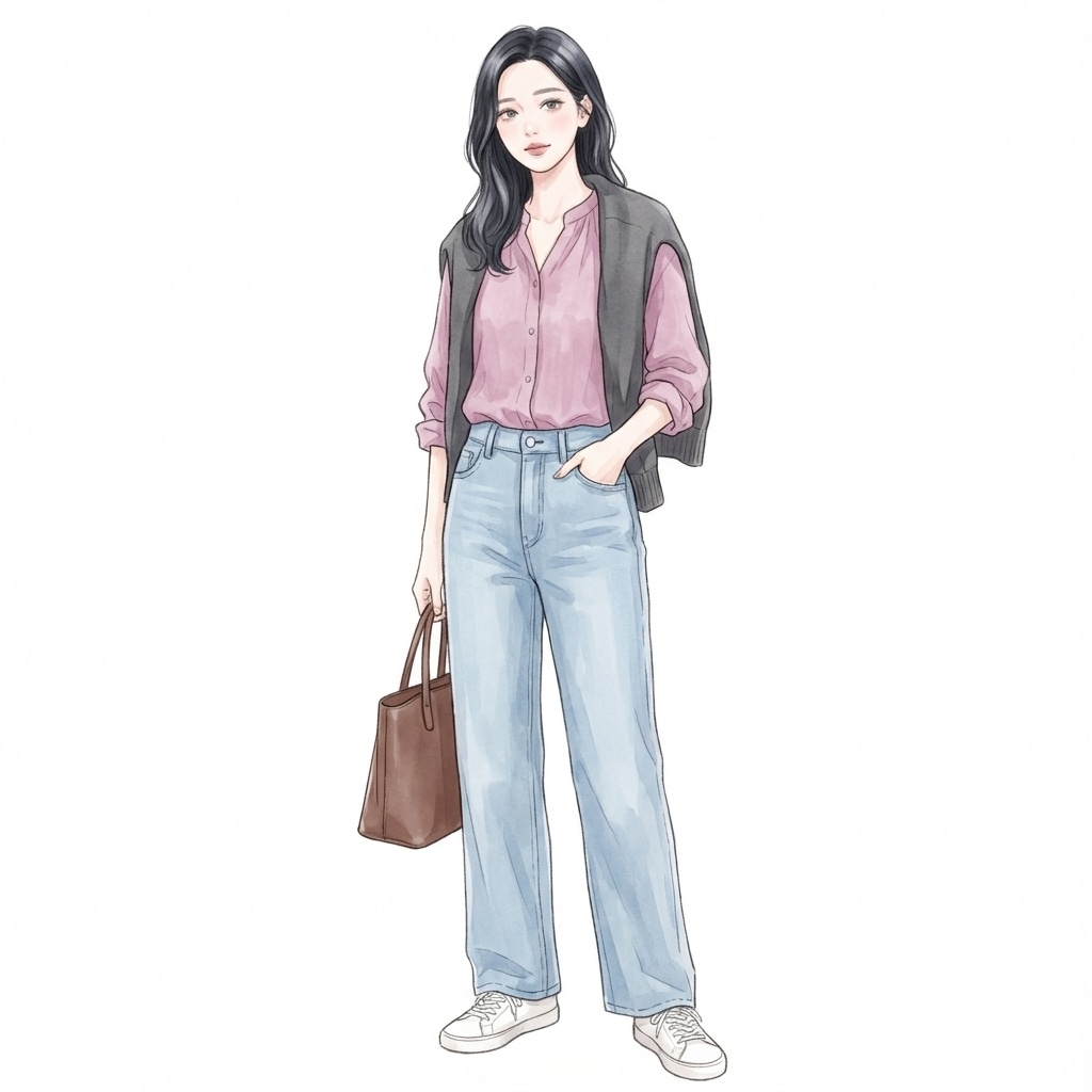 ⑤モーブピンク×デニム：甘さを抑えた大人カジュアル