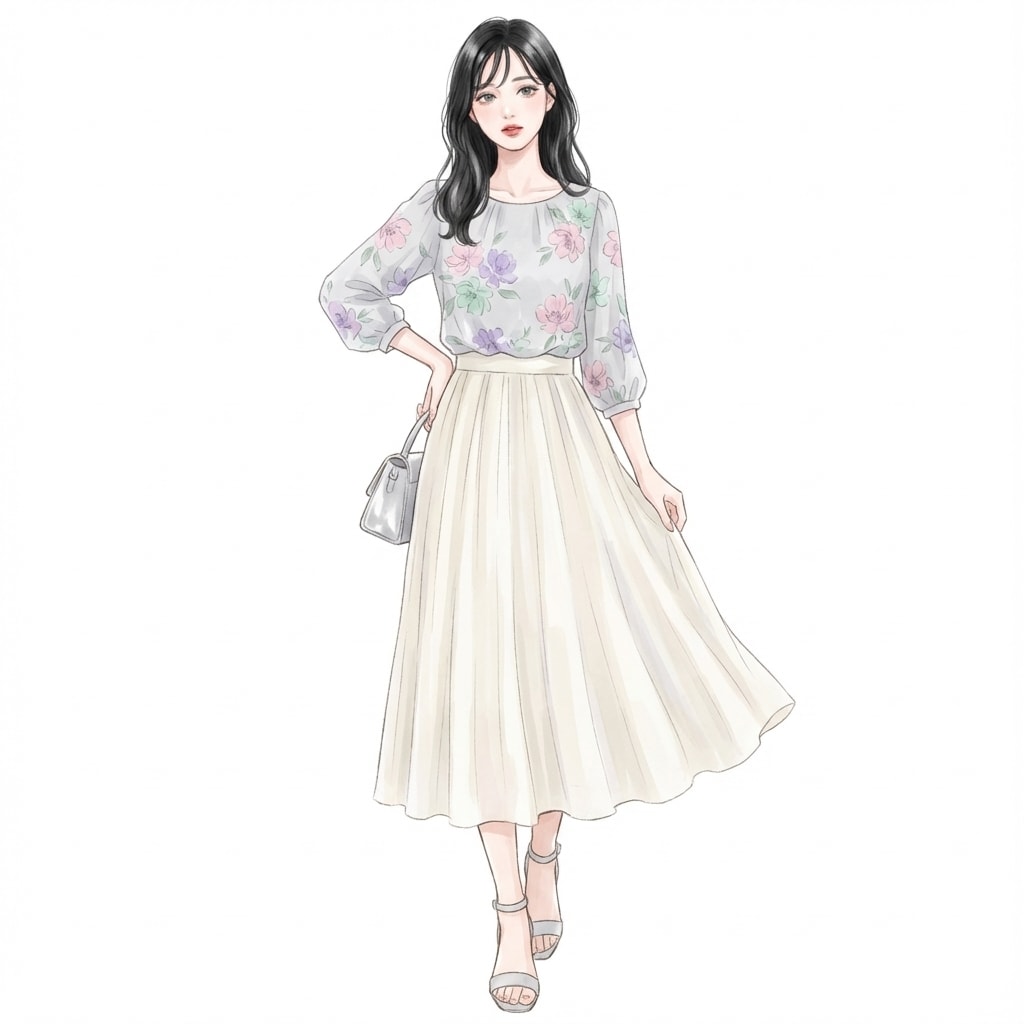 ④ライトグレー×花柄ブラウス：上品さのある春フェミニン