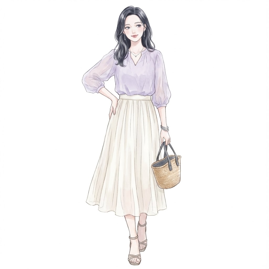 ①ラベンダー×白スカート：軽さと透明感を引き立てる春の鉄板コーデ