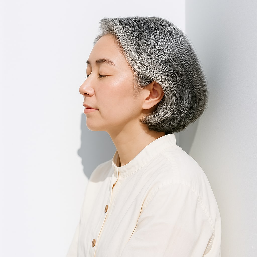 ②グレイヘア×ショートボブ：丸みのあるシルエットで知的に整える