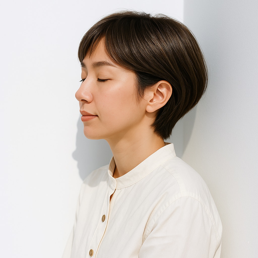 ④ショートボブ×艶ブラウン：白髪を意識させない端正なミニマルヘア