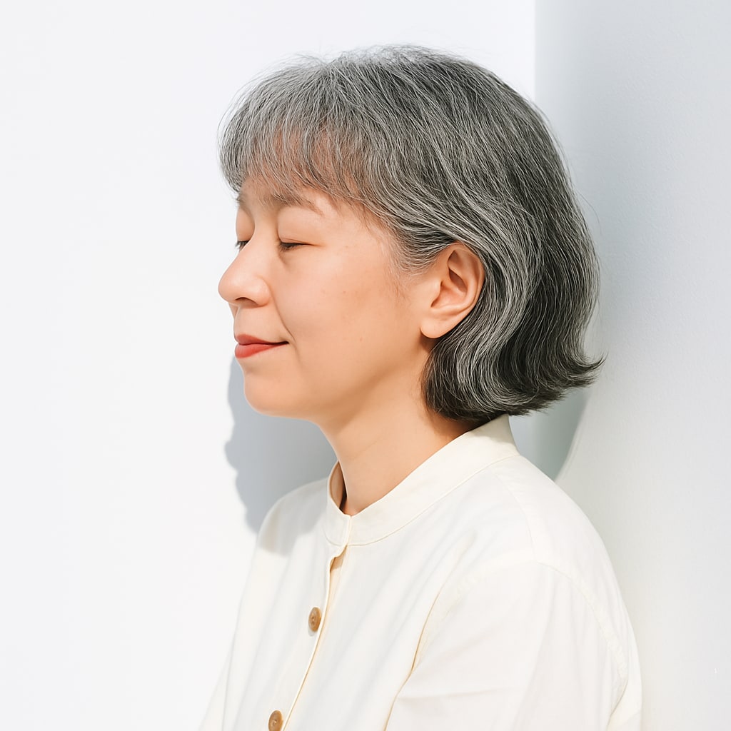 ⑤グレイヘア×前髪ありショートボブ：丸みと柔らかさで優しい印象に